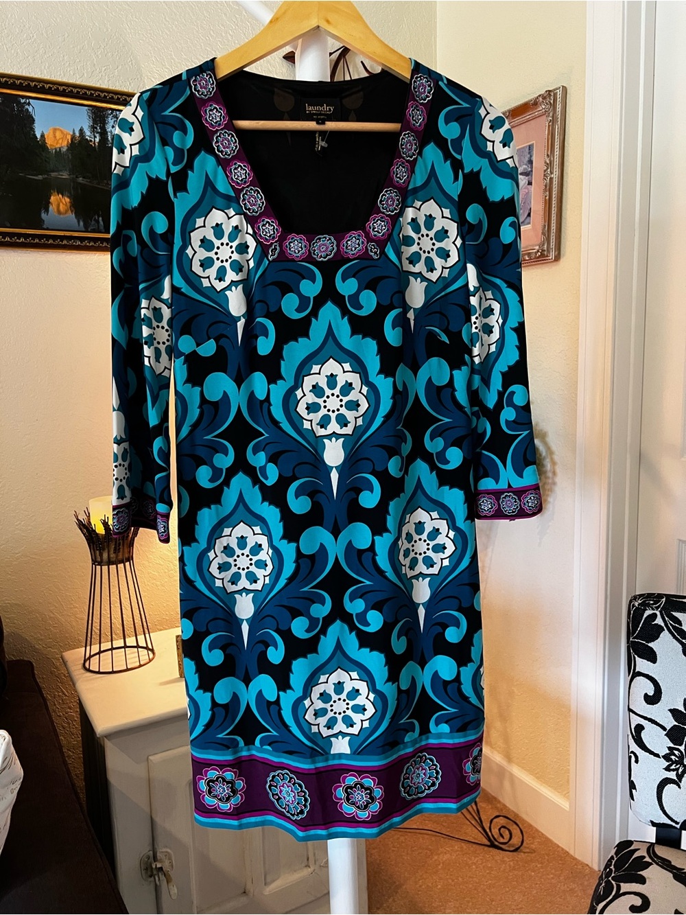 Laundry By Shelli Segal Teal, Blue & White Patterned Mini Dress
